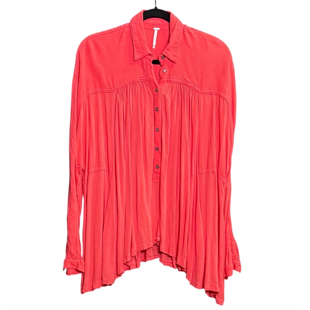 Free People Lovely Day Coral Oversize 1/2 Button Long Sleeve Rayon Blouse SZ XS